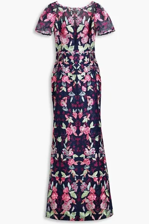 Marchesa Notte Embroidered tulle gown - Blue