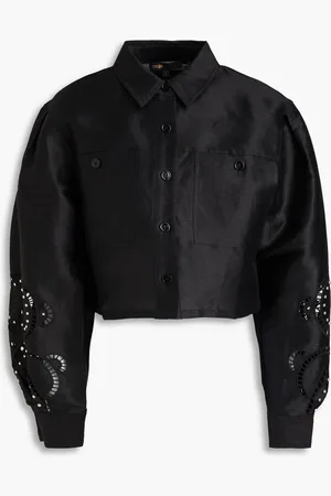 Maje Cropped studded linen-blend shirt