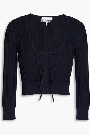 Ganni Cropped ribbed-knit cardigan - Blue