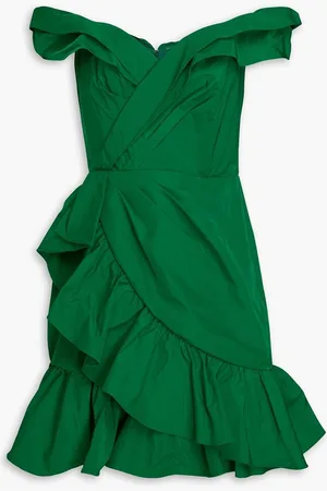 Marchesa Notte Off-the-shoulder ruffled faille mini dress