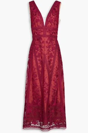 Marchesa Notte Tulle-trimmed guipure lace midi dress