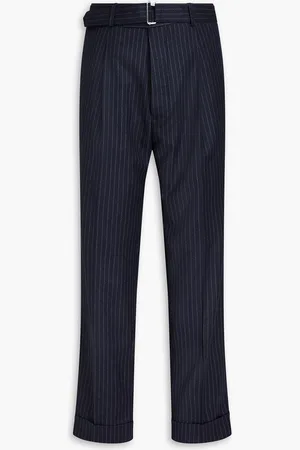 OFFICINE GENERALE Humphrey tapered belted pinstriped wool-flannel pants - Blue