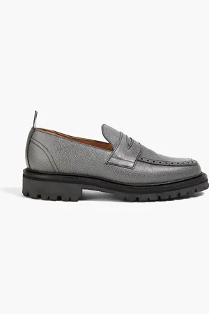 Thom Browne Perforated pebbled-leather penny loafers - Gray