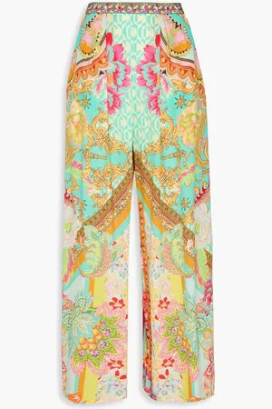 Camilla Crystal-embellished printed silk crepe de chine wide-leg pants - Green