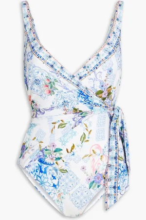Camilla Wrap-effect embellished printed swimsuit - Blue