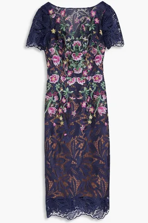 Marchesa Notte Embroidered macramé lace dress - Blue