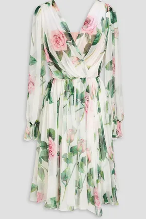 Dolce & Gabbana Pleated floral-print silk-blend chiffon dress - White