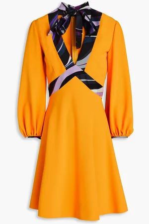 Puccini Pussy-bow silk-trimmed stretch-crepe mini dress - Yellow