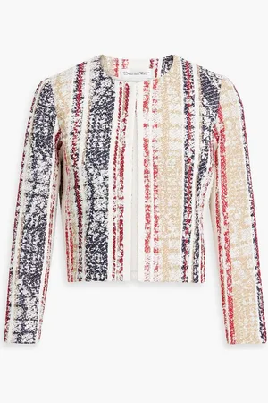 Oscar de la Renta Cropped striped bouclé-tweed jacket - Blue