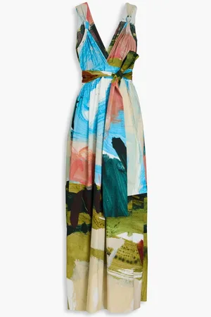 Oscar de la Renta Belted printed cotton-poplin maxi dress - Blue