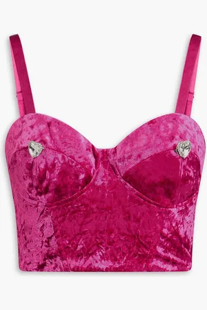 ROTATE Cropped embellished crushed-velvet bustier top - Pink