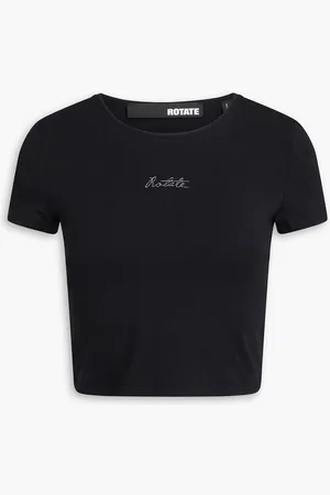 ROTATE Cropped metallic embroidered stretch-cotton and modal-blend jersey T-shirt
