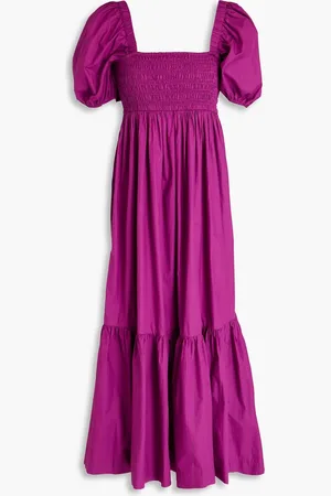 Ganni Shirred cotton-poplin maxi dress - Purple