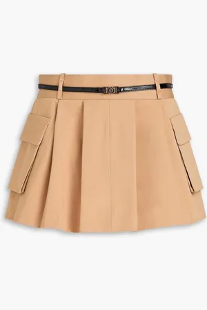Maje Belted pleated cotton-twill mini skirt - Neutral