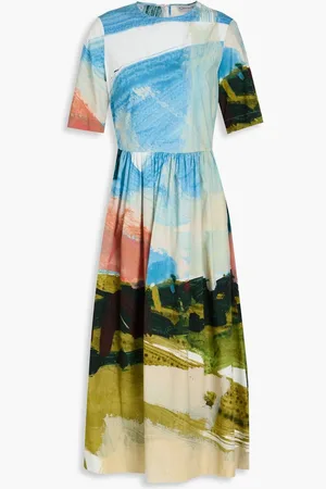 Oscar de la Renta Printed cotton-blend poplin midi dress - Blue