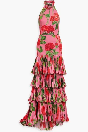 Oscar de la Renta Tiered floral-print cotton-blend sateen halterneck gown