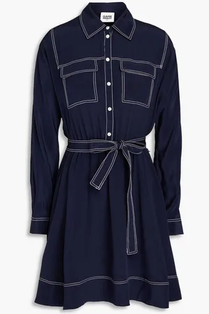Claudie Pierlot Topstitched silk crepe de chine mini shirt dress - Blue