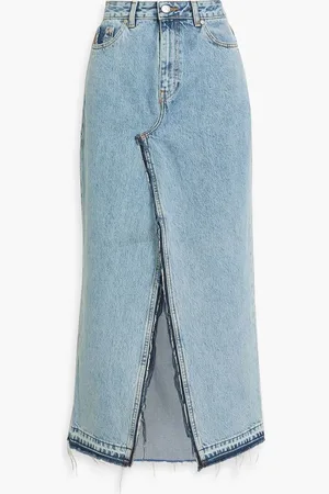 Ganni Distressed denim midi skirt - Blue