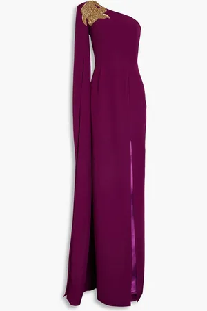 RHEA COSTA One-sleeve crystal-embellished draped crepe gown - Purple