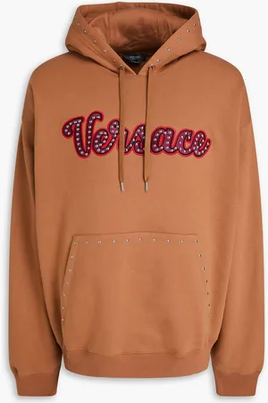 VERSACE Embellished cotton-fleece hoodie - Brown