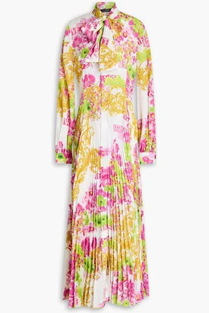 VERSACE Pussy-bow pleated printed crepe de chine maxi dress