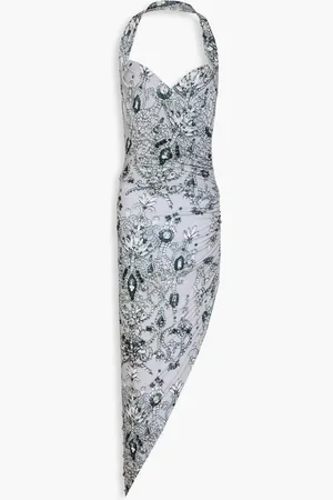 Norma Kamali Draped printed stretch-jersey halterneck midi dress - Gray