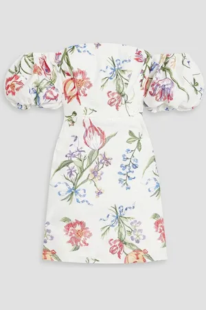Marchesa Notte Off-the-shoulder embroidered duchesse-satin mini dress