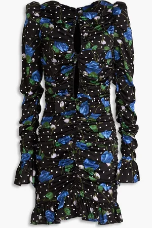 ROTATE Bow-detailed ruffled printed satin mini dress