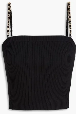 Maje Cropped embellished ribbed-knit top