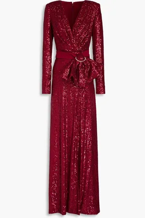 RHEA COSTA Belted sequined tulle gown - Burgundy