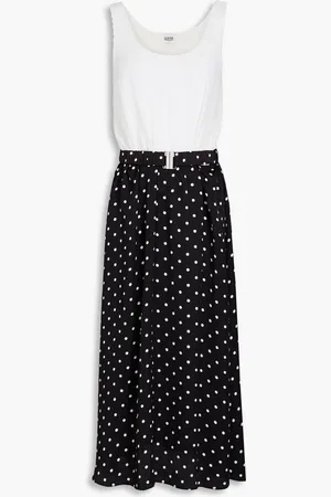 Claudie Pierlot Polka-dot satin-paneled silk crepe de chine midi dress