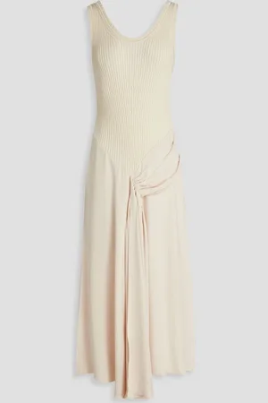 Victoria Beckham Asymmetric crepe-paneled ribbed-knit midi dress - White