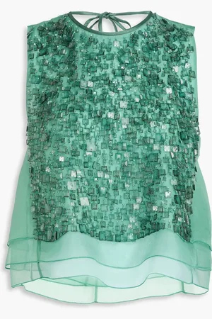 Emporio Armani Embellished silk-organza top - Green