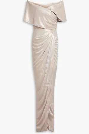 RHEA COSTA Off-the-shoulder wrap-effect metallic jersey gown
