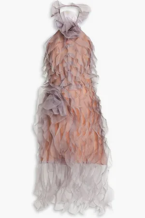 Marchesa Notte Floral-appliquéd ruffled silk-organza halterneck dress