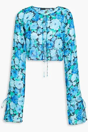 ROTATE Cropped floral-print chiffon blouse - Blue