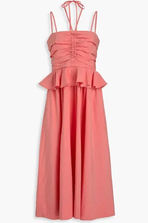 ULLA JOHNSON Anastasia ruched cotton, linen and silk-blend midi dress - Orange