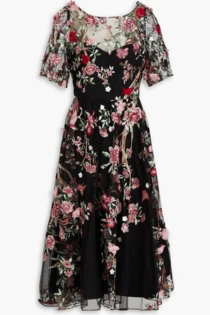 Marchesa Notte Embroidered tulle midi dress