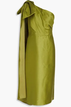 Marchesa Notte One-shoulder bow-detailed satin-twill midi dress - Green