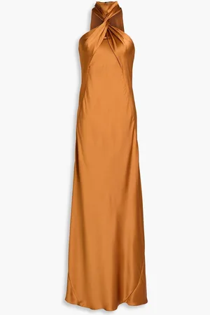 GALVAN Twisted satin-crepe maxi dress - Brown