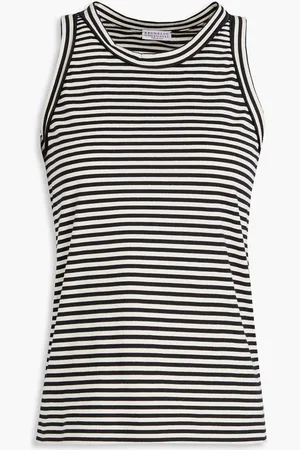 Brunello Cucinelli Bead-embellished striped cotton-jersey tank