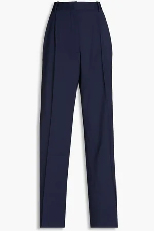 Frame Pleated stretch-wool crepe wide-leg pants - Blue