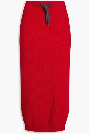Brunello Cucinelli Bead-embellished ribbed-knit midi skirt