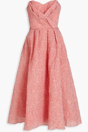 Marchesa Notte Strapless pleated cloqué midi dress - Pink