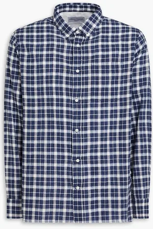 OFFICINE GENERALE Checked cotton and linen-blend shirt - Blue