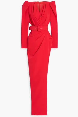 RHEA COSTA Wrap-effect belted crepe maxi dress - Red