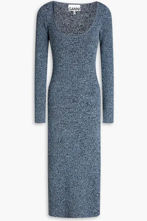 Ganni Mélange ribbed-knit midi dress - Blue