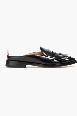 Thom Browne Kilt Varsity fringed glossed-leather mules