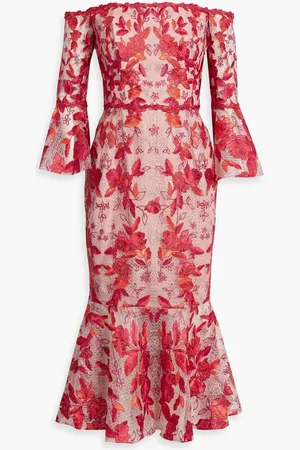 Marchesa Notte Off-the-shoulder fluted embroidered tulle midi dress - Red