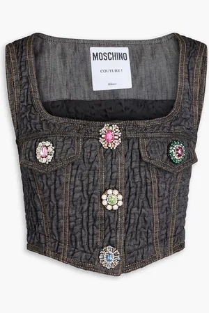 Moschino Cropped crystal-embellished crinkled denim top - Blue